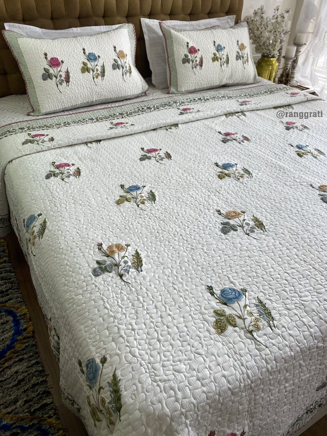 Blue Pink Roses Quilted Bedcover Super King 108 X 108 Reversible