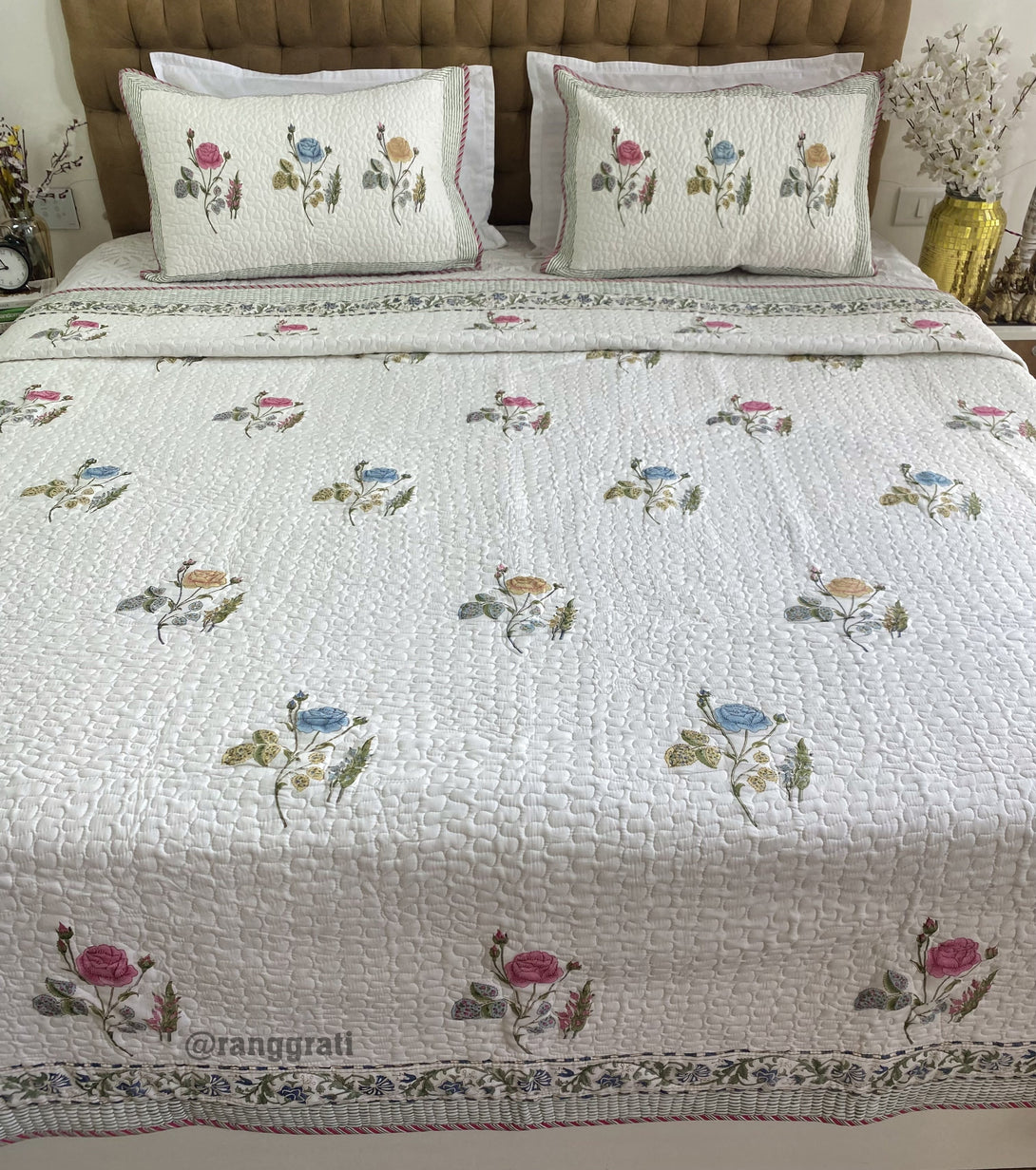 Pure Cotton Blue Pink Roses Quilted Bedcover Super King 108 X 108