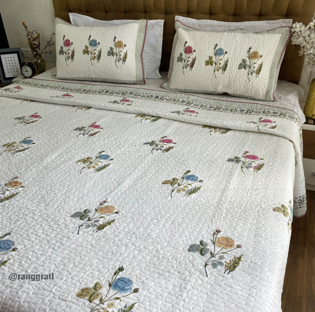 Blue Pink Roses Quilted Bedcover Super King Pure Cotton