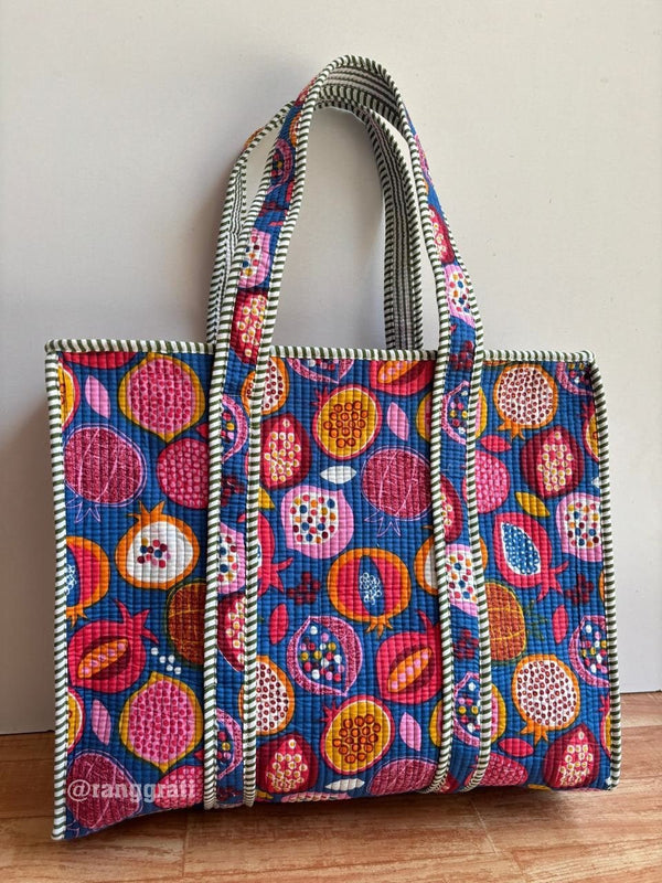 Blue Pomegranate Tote Bag quilted Hand Block Printed Cotton with Zip Online - Tote Bag