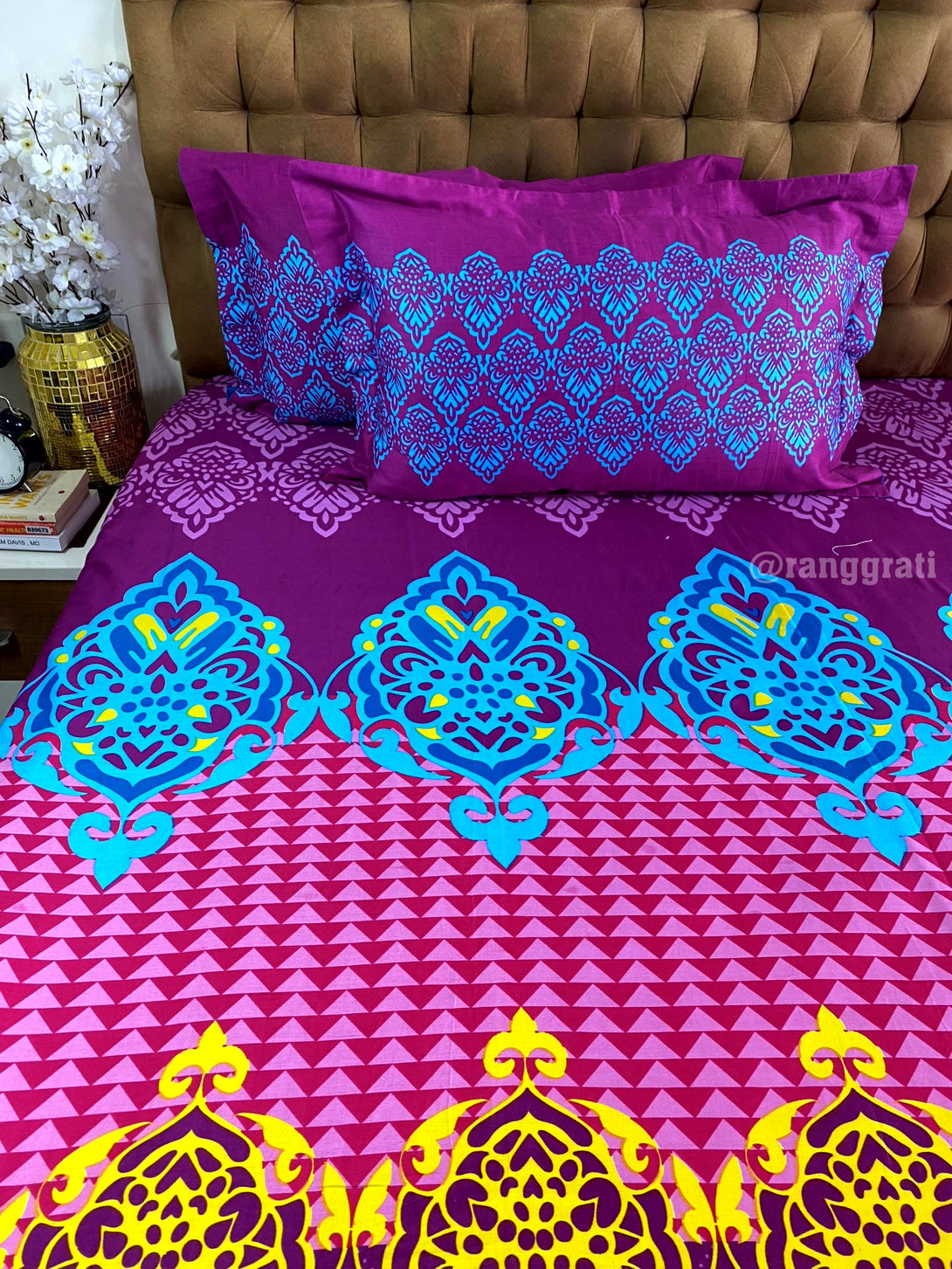 Blue Purple Geometric Double Bed Large Size Bedsheet Cotton | 108x108 inches