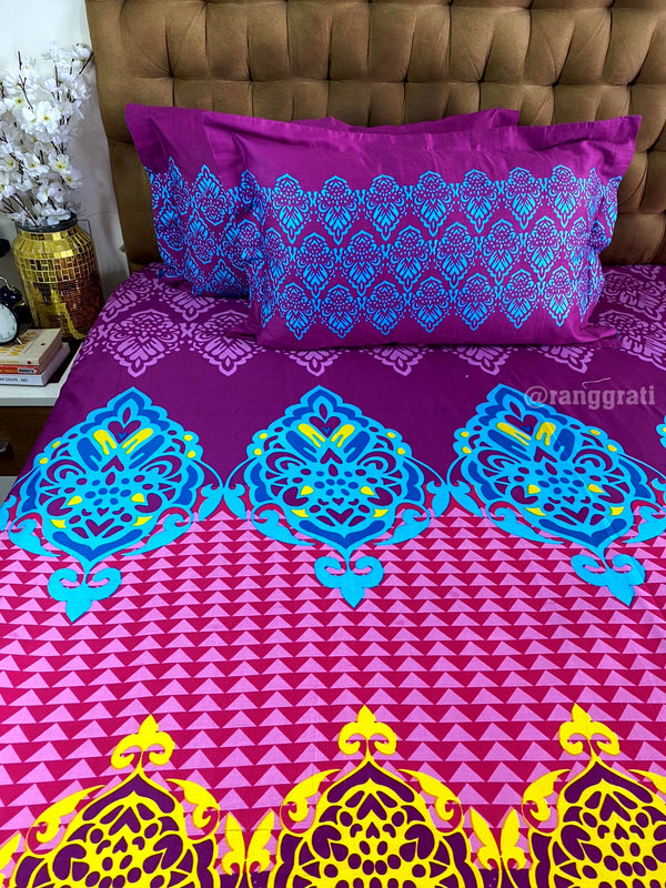 Blue Purple Geometric Double Bed Large Size Bedsheet Cotton | 108x108 inches
