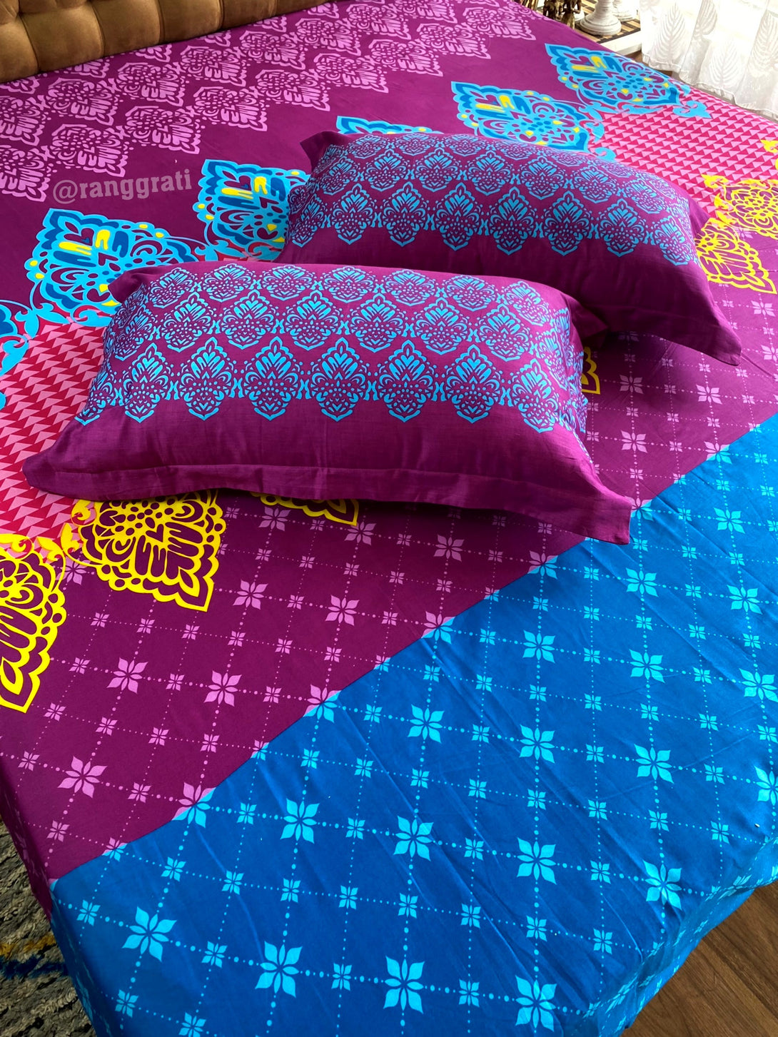 Blue Purple Geometric Double Bed Large Size Bedsheet Cotton | 108x108 inches With Pillow Covers