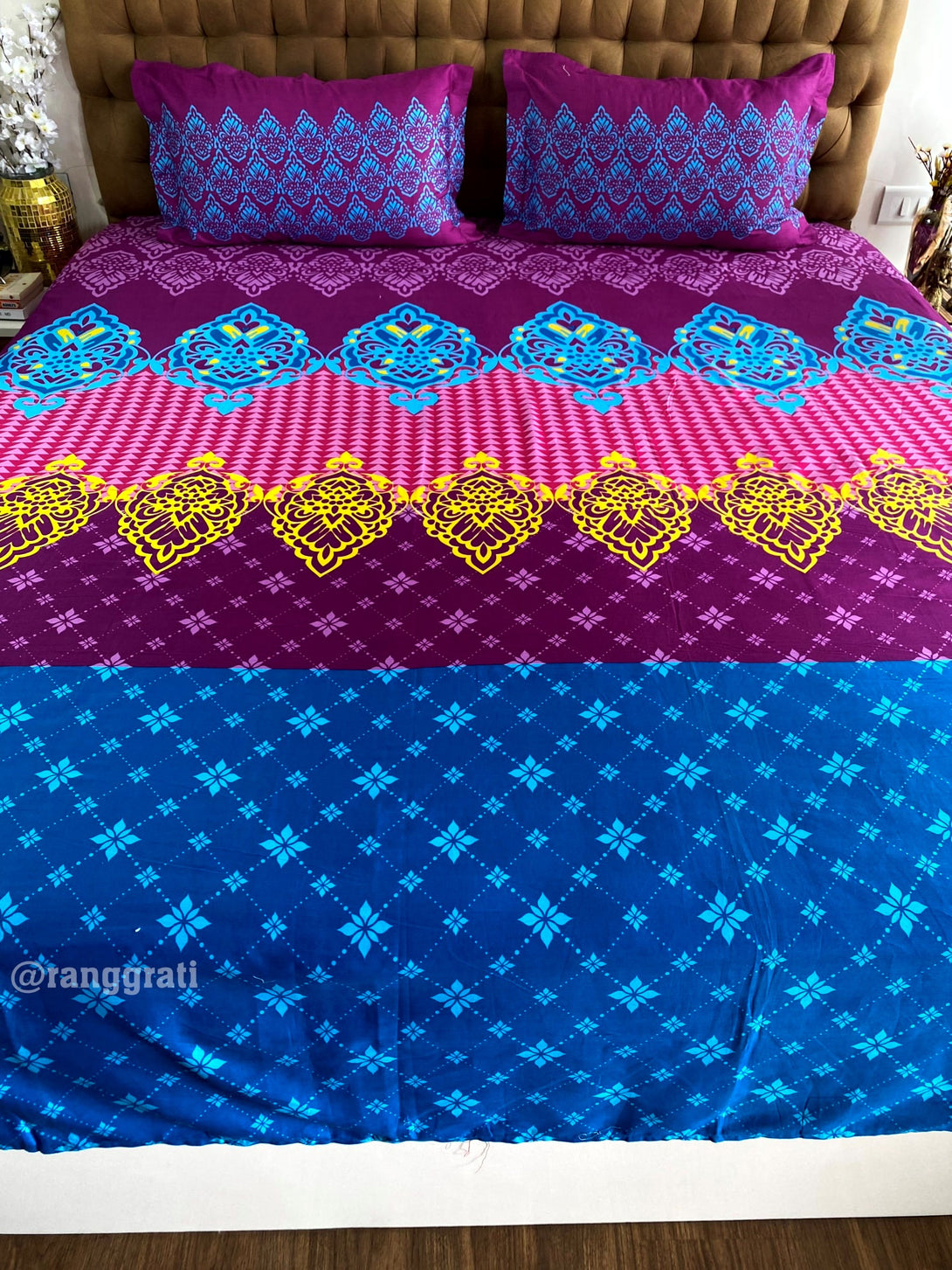 Blue Purple Geometric Bedsheet For Double Bed Cotton Super King Size 