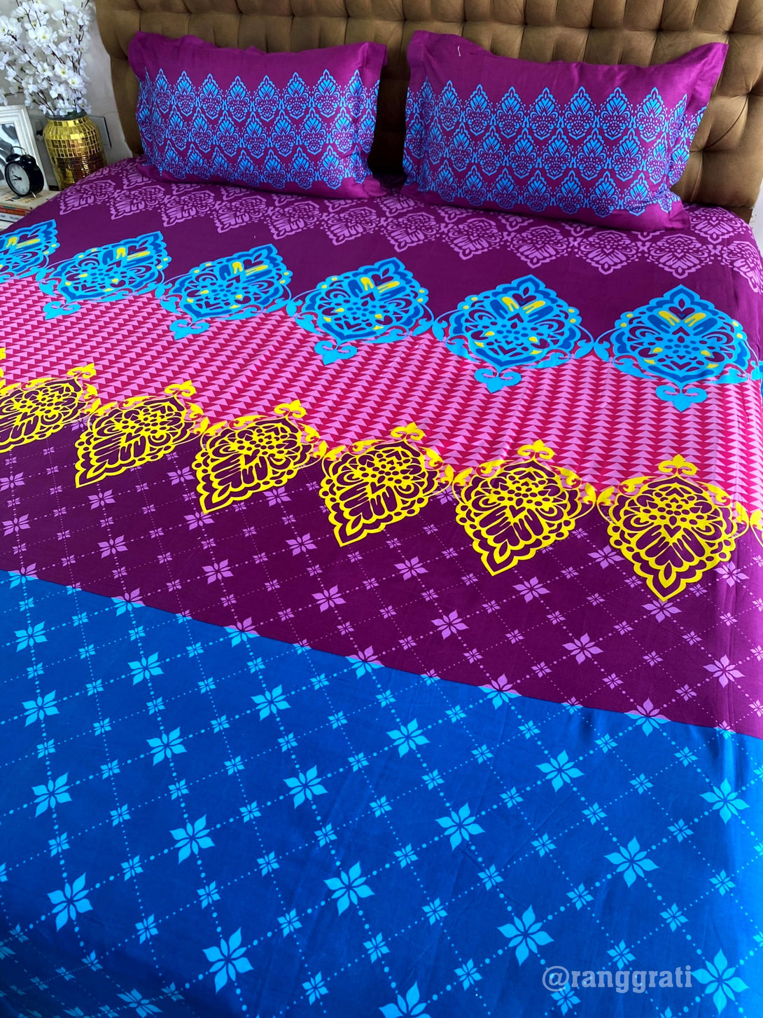 Super King size Blue Purple Geometric Bedsheet For Double Bed Cotton