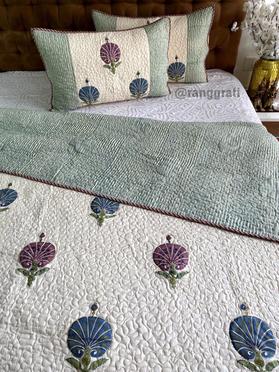 Blue-Purple Moon Floral Mulmul Voile Quilted Bedcover King Size