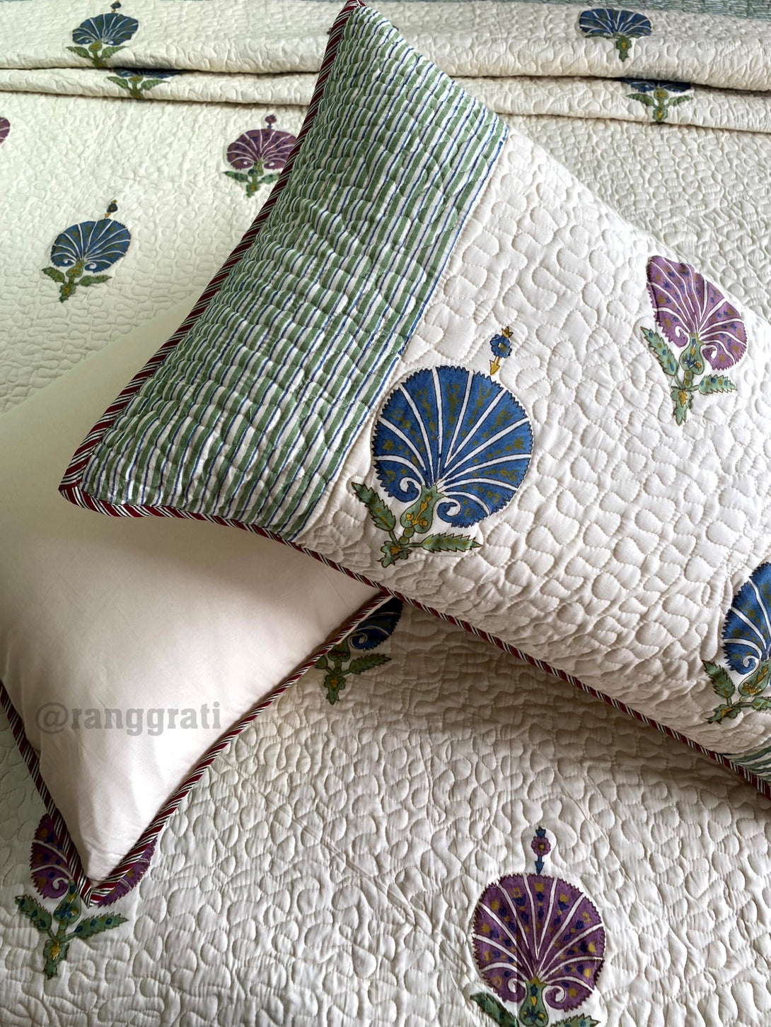 Blue-Purple Moon Floral Quilted Bedcover King Size With Pillow Covers