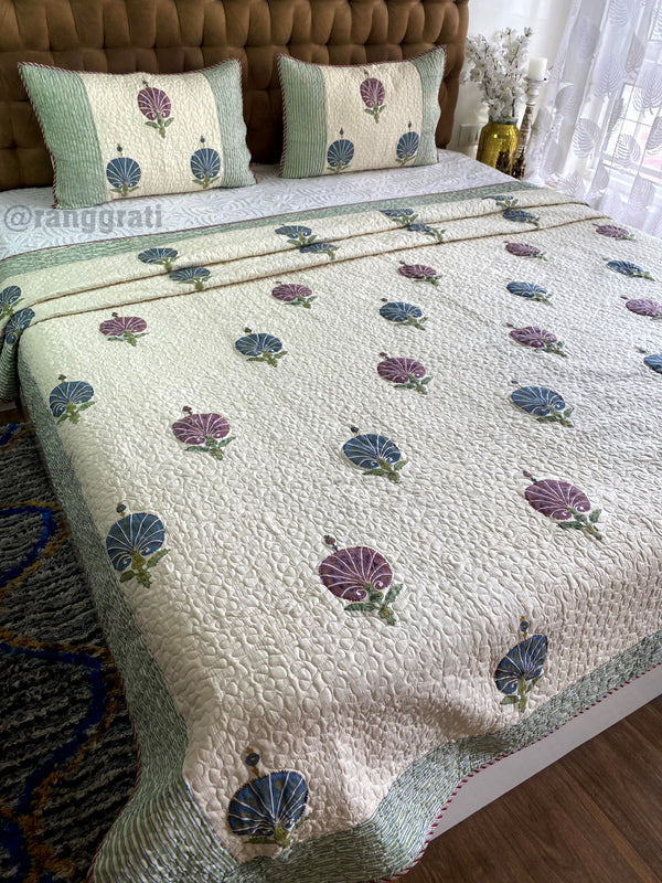 King Size Blue-Purple Moon Floral Mulmul Voile Quilted Bedcover