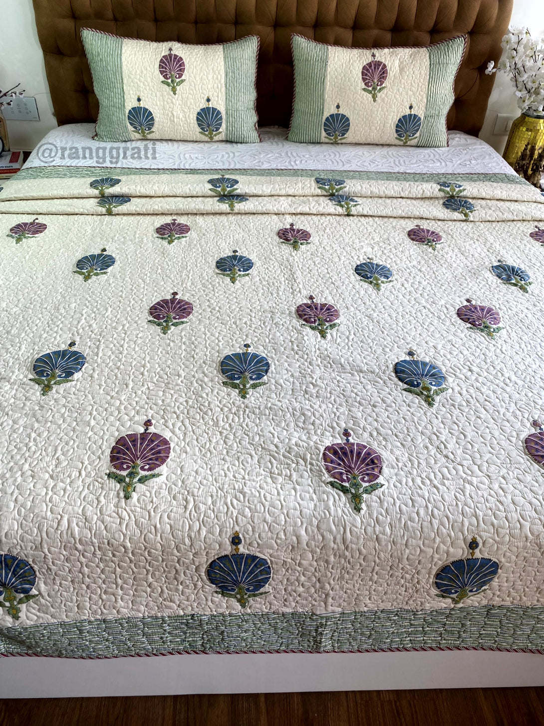 Mulmul Voile Blue-Purple Moon Floral Quilted Bedcover King Size