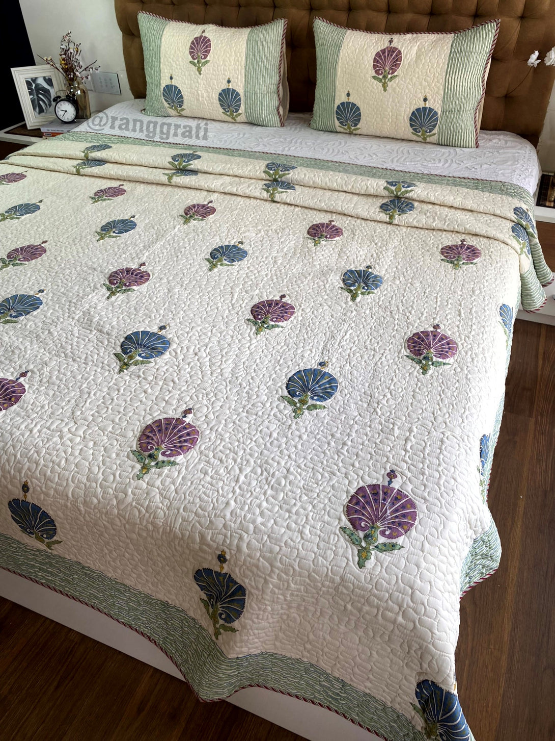 Mulmul Voile King Size Blue-Purple Moon Floral Quilted Bedcover 