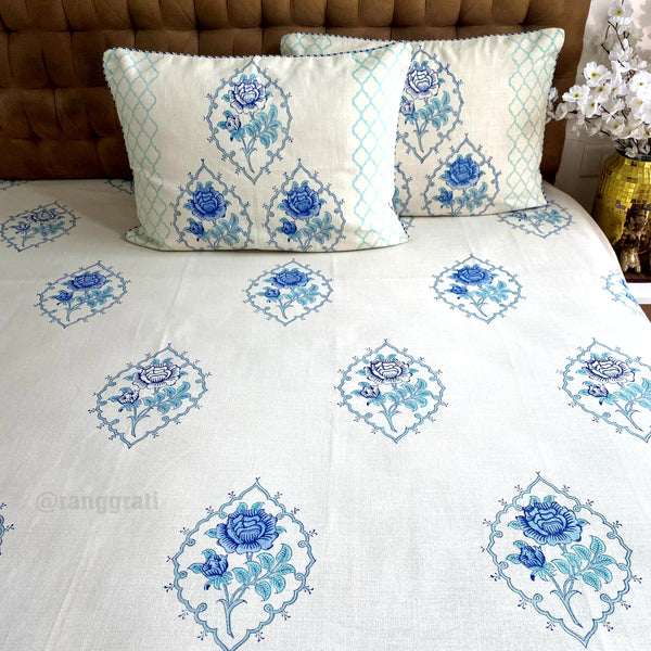 Blue Roses Slub Cotton Bedcover King Size