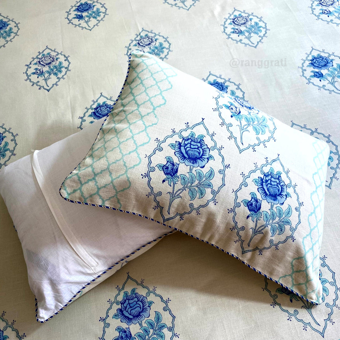 Slub Cotton Blue Roses Bedcover King Size