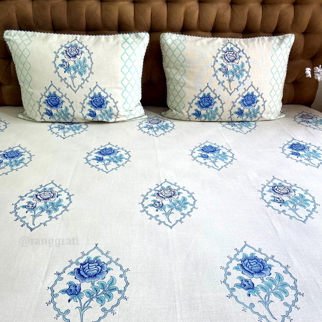Blue Roses Bedcover King Size Slub Cotton
