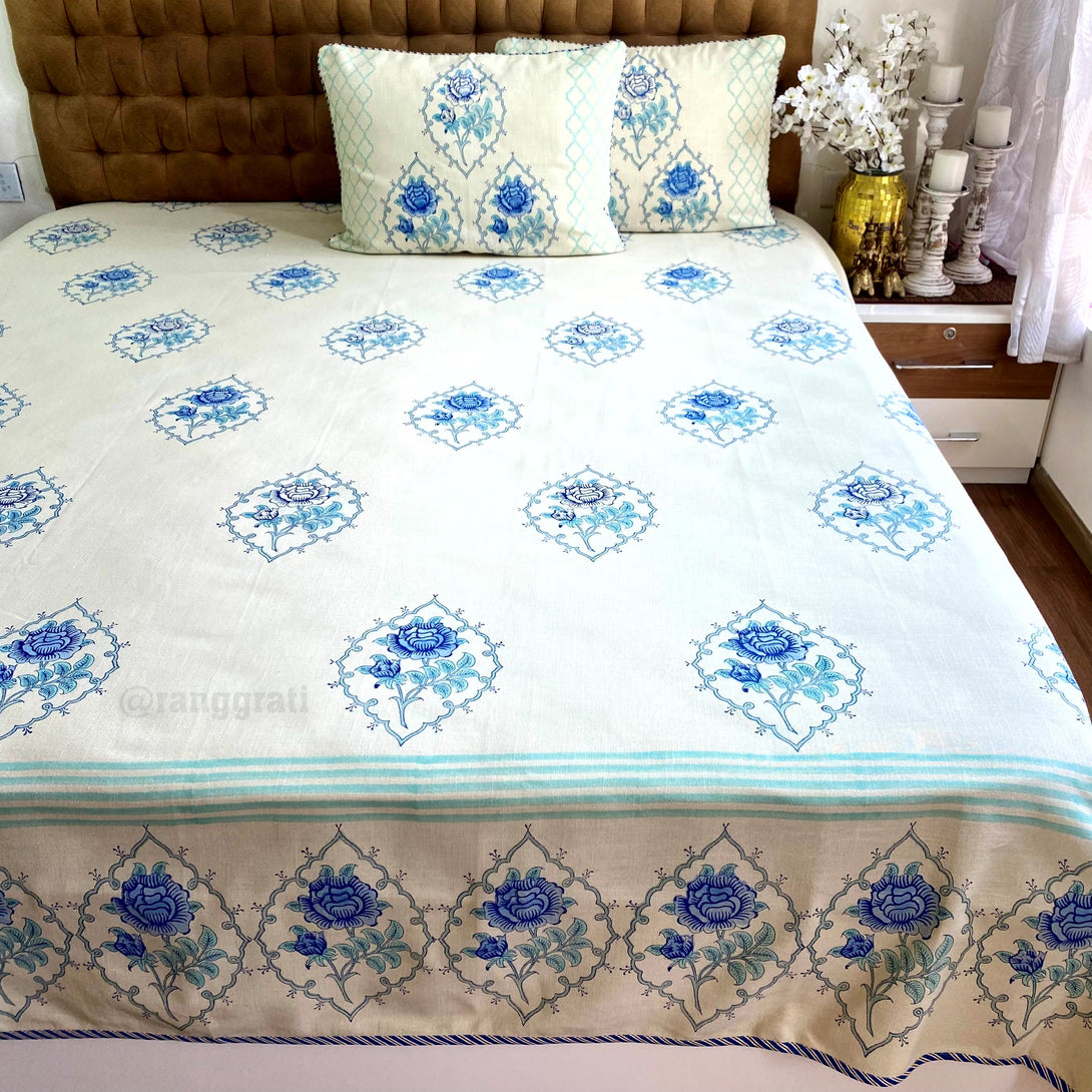  Slub Cotton King Size Blue Roses Bedcover