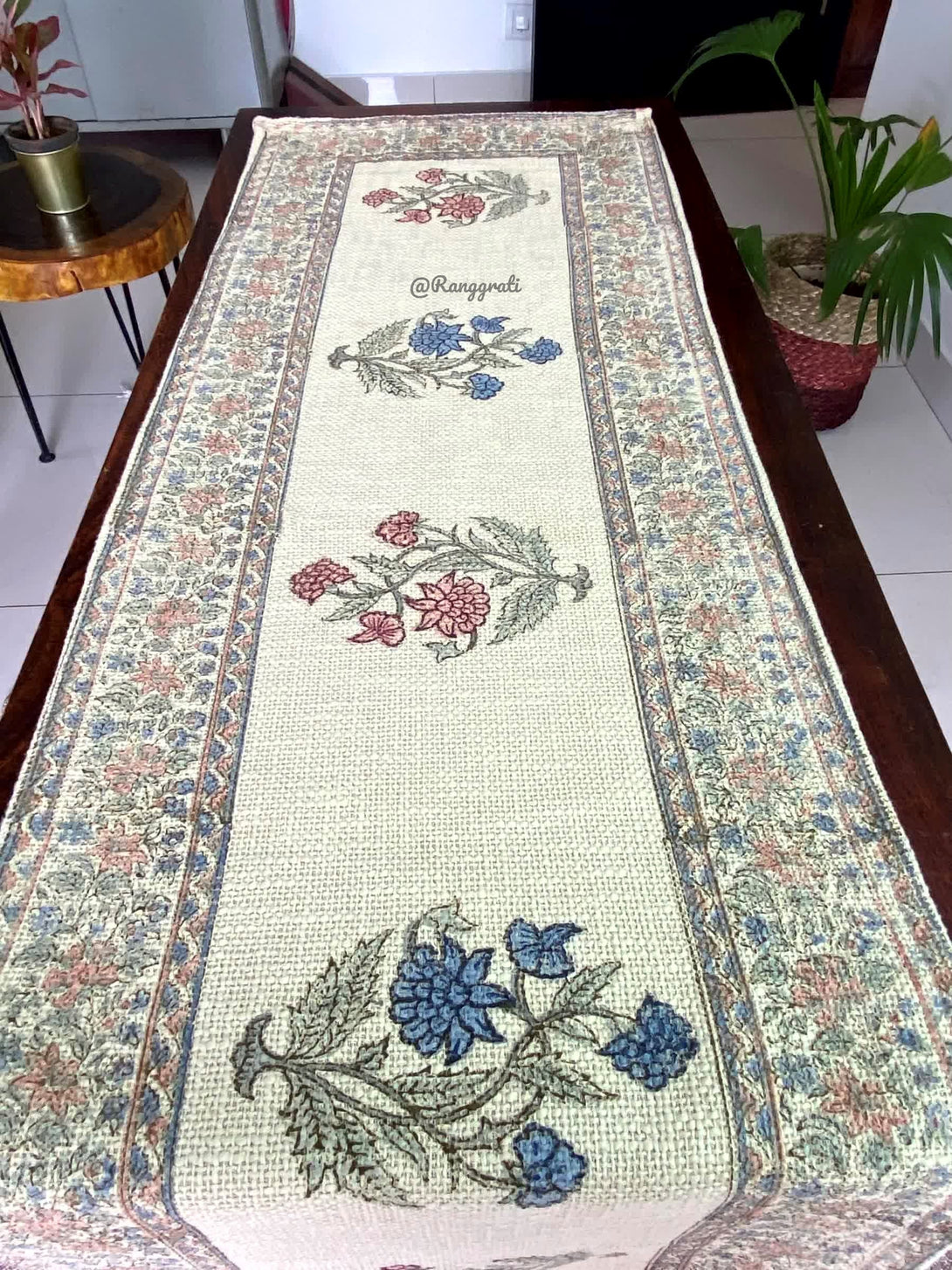 Blue Rust Floral Jute Cotton Table Runner For 6 Seater Dining Table - Table Runner