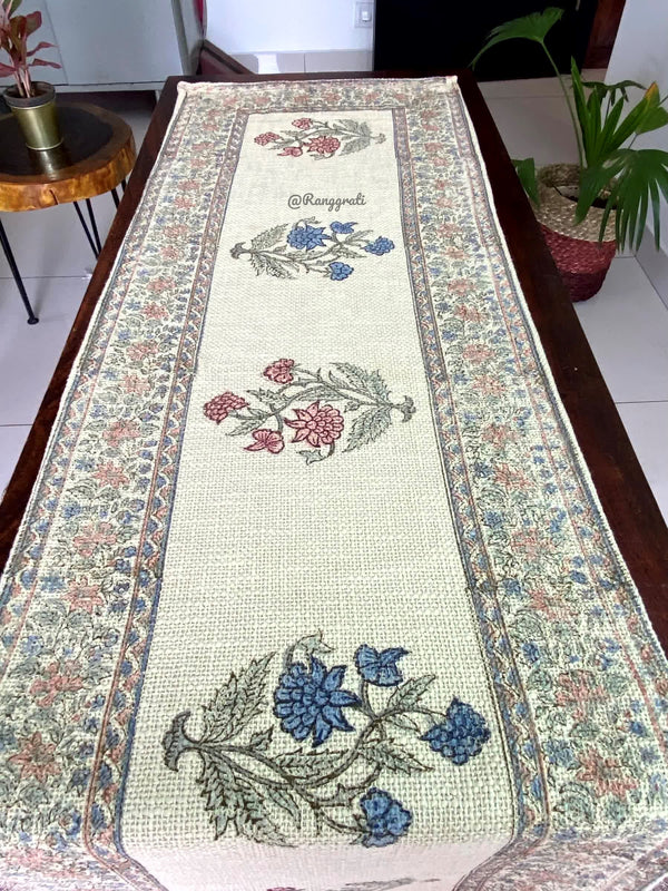 Blue Rust Floral Jute Cotton Table Runner For 6 Seater Dining Table - Table Runner