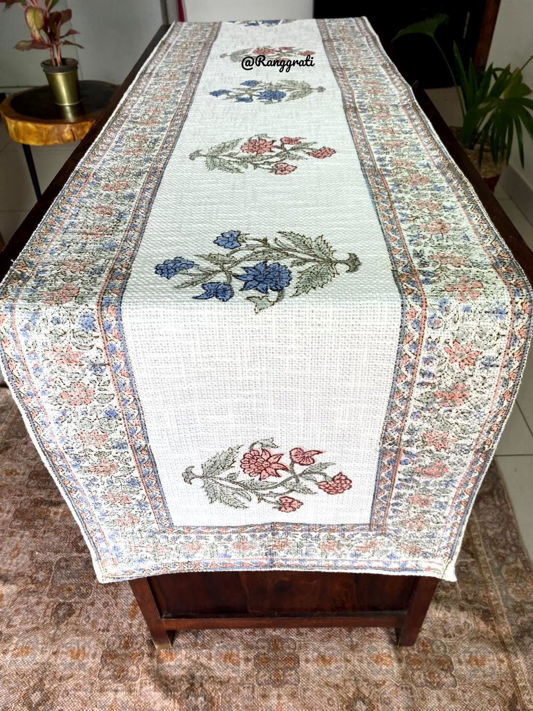 Blue Rust Floral Jute Cotton Table Runner For 6 Seater Dining Table - Table Runner