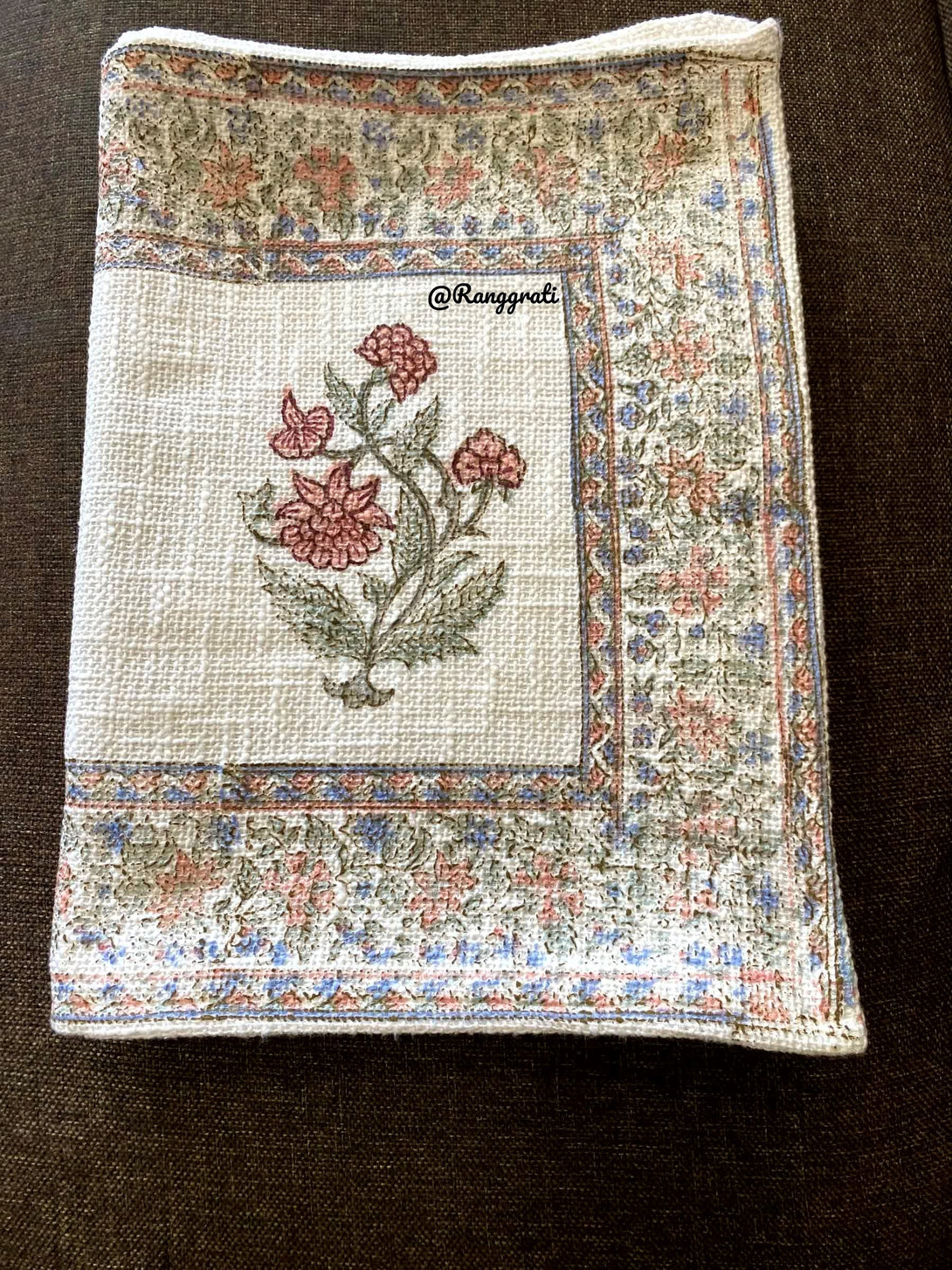 Blue Rust Floral Jute Cotton Table Runner For 6 Seater Dining Table - Table Runner