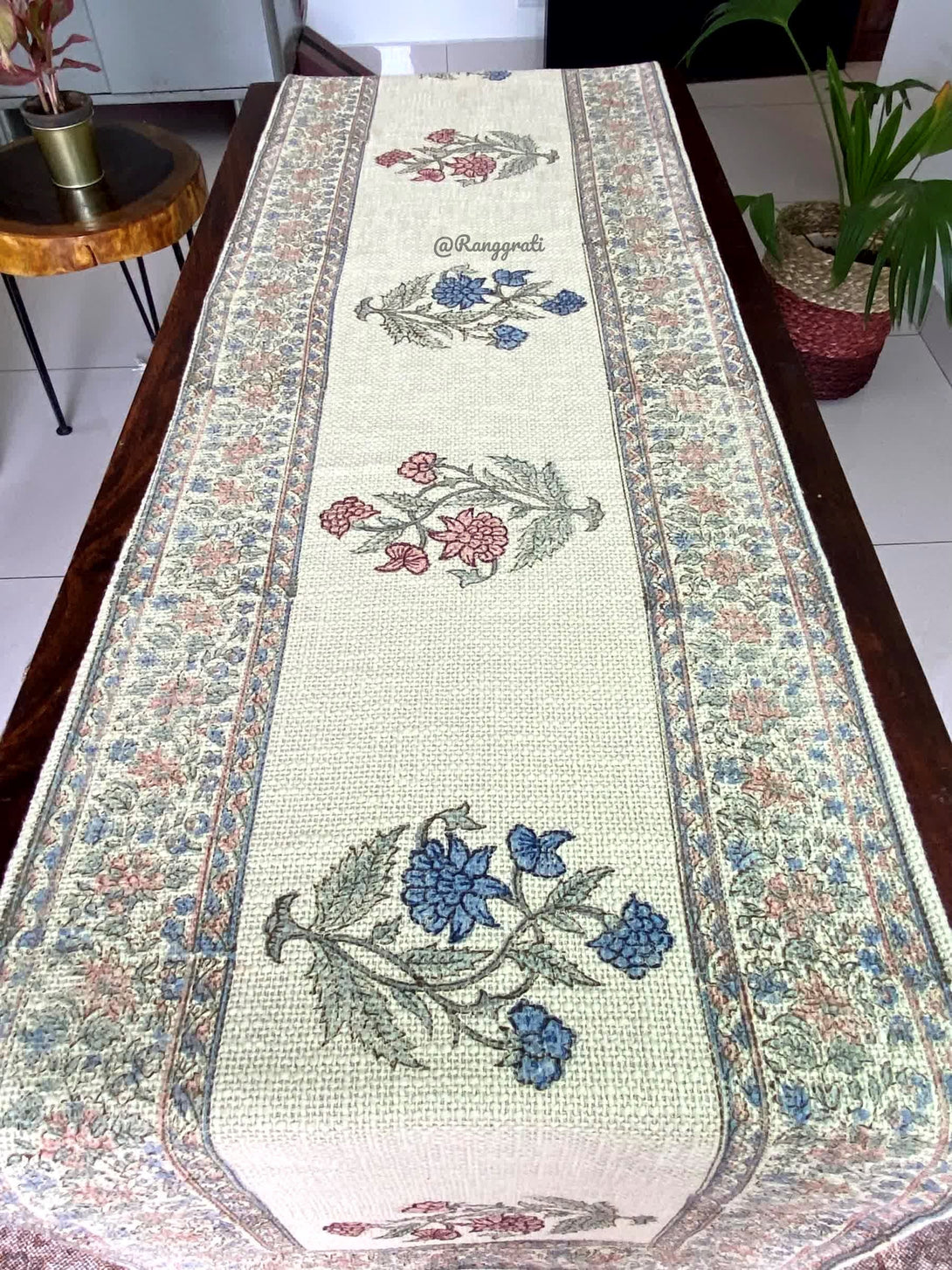 Blue Rust Floral Jute Cotton Table Runner For 6 Seater Dining Table - Table Runner