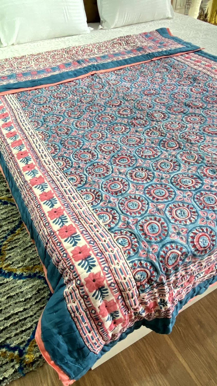 Blue Single Quilt Razai Mulmul Cotton Reversible Hand Block Printed - Razai
