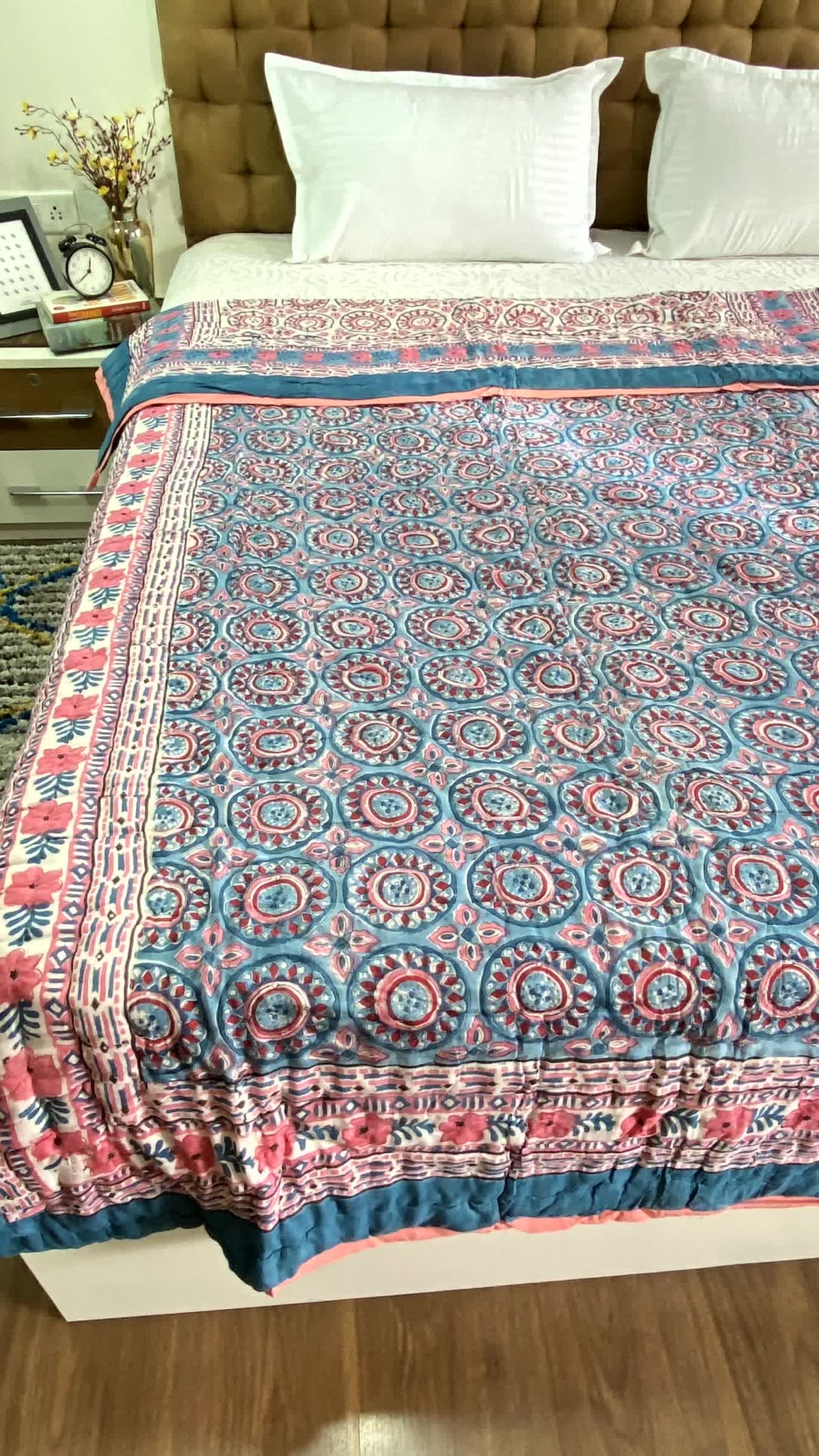 Blue Single Quilt Razai Mulmul Cotton Reversible Hand Block Printed - Razai