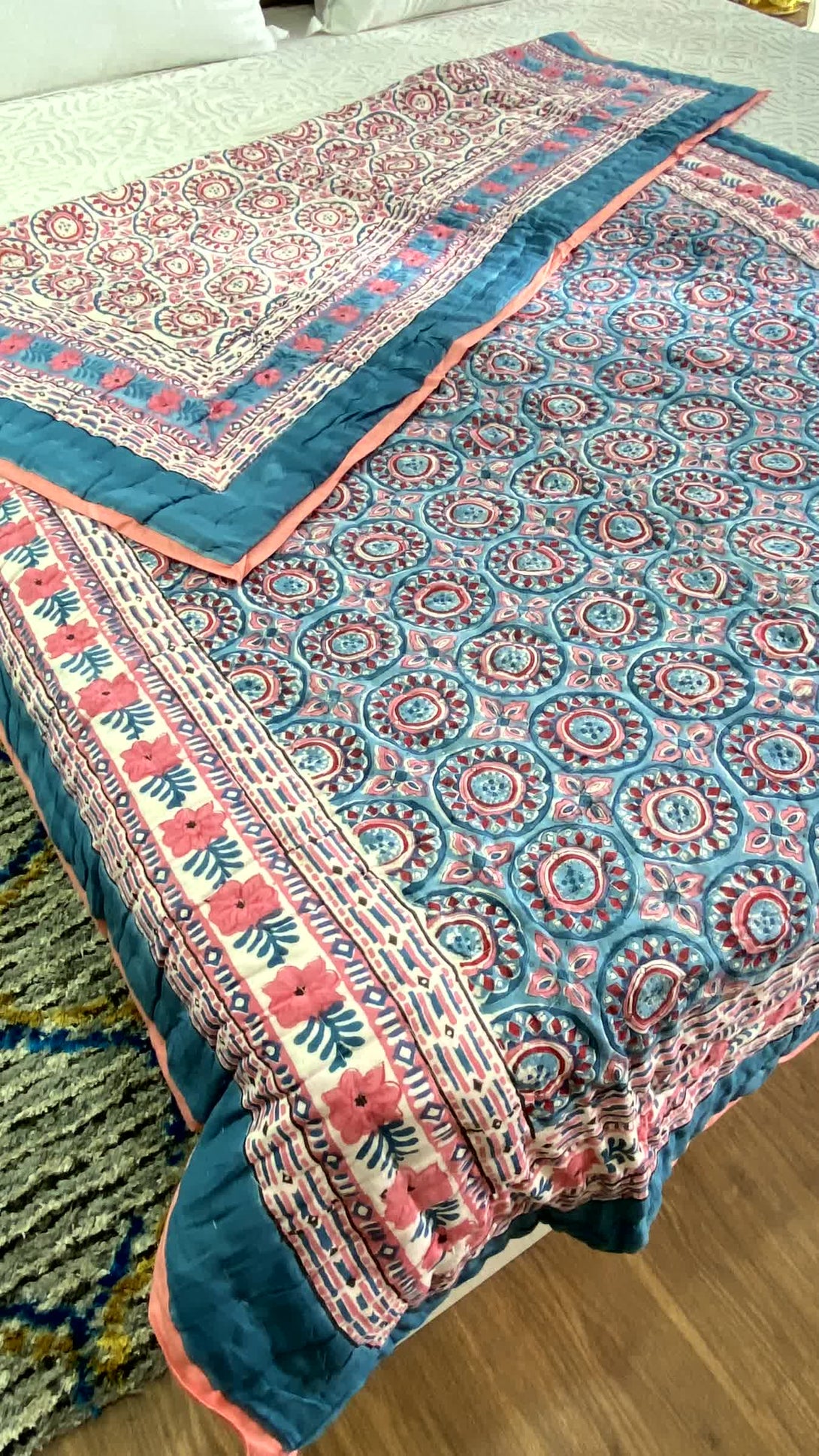 Blue Single Quilt Razai Mulmul Cotton Reversible Hand Block Printed - Razai