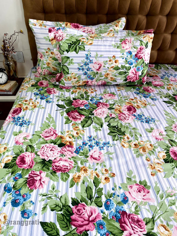Blue Stripes Pink Roses Cotton Bedsheet 108x108 inches