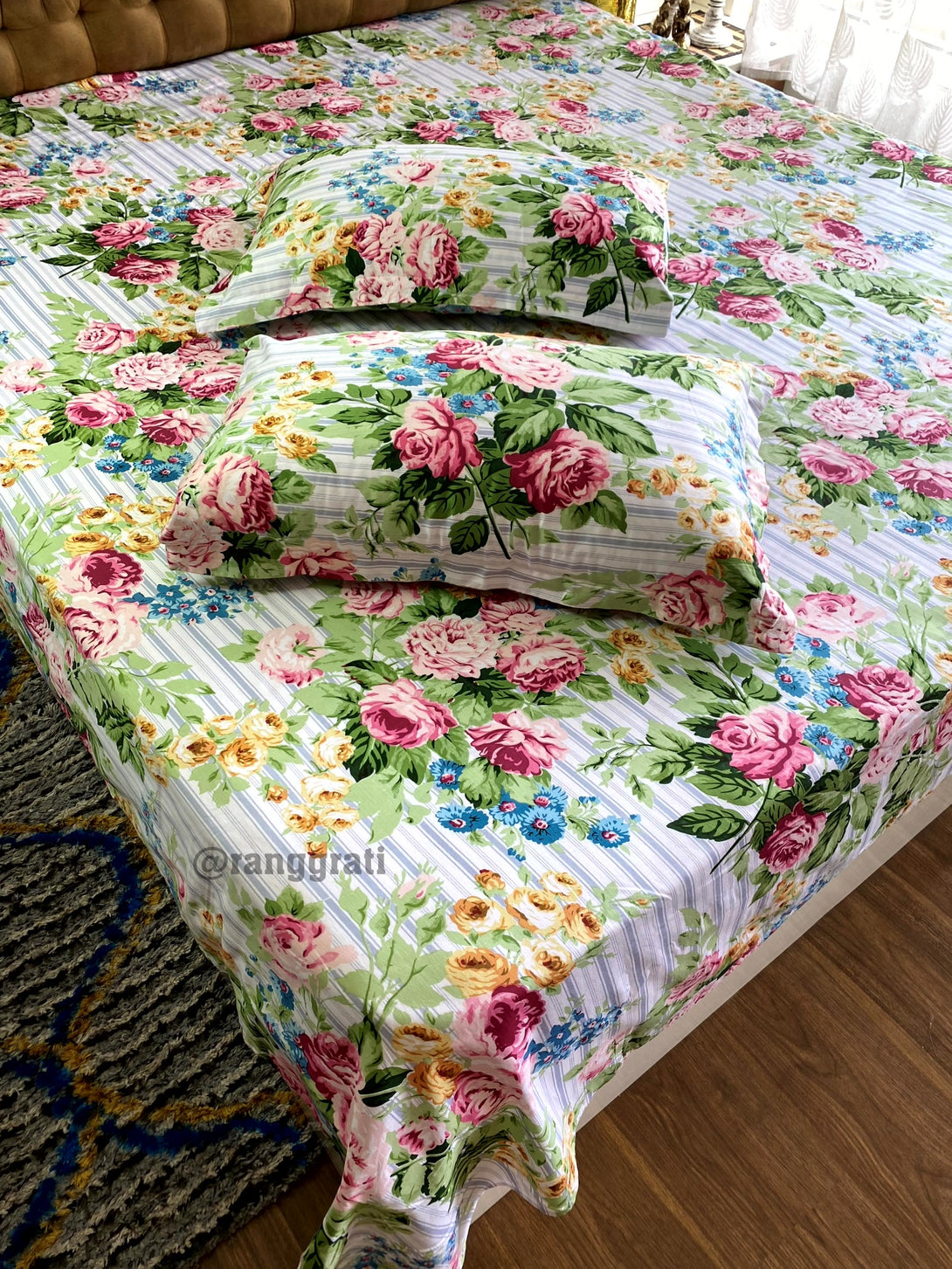 Blue Stripes Pink Roses Cotton Bedsheet 108x108 inches With Pillow Covers