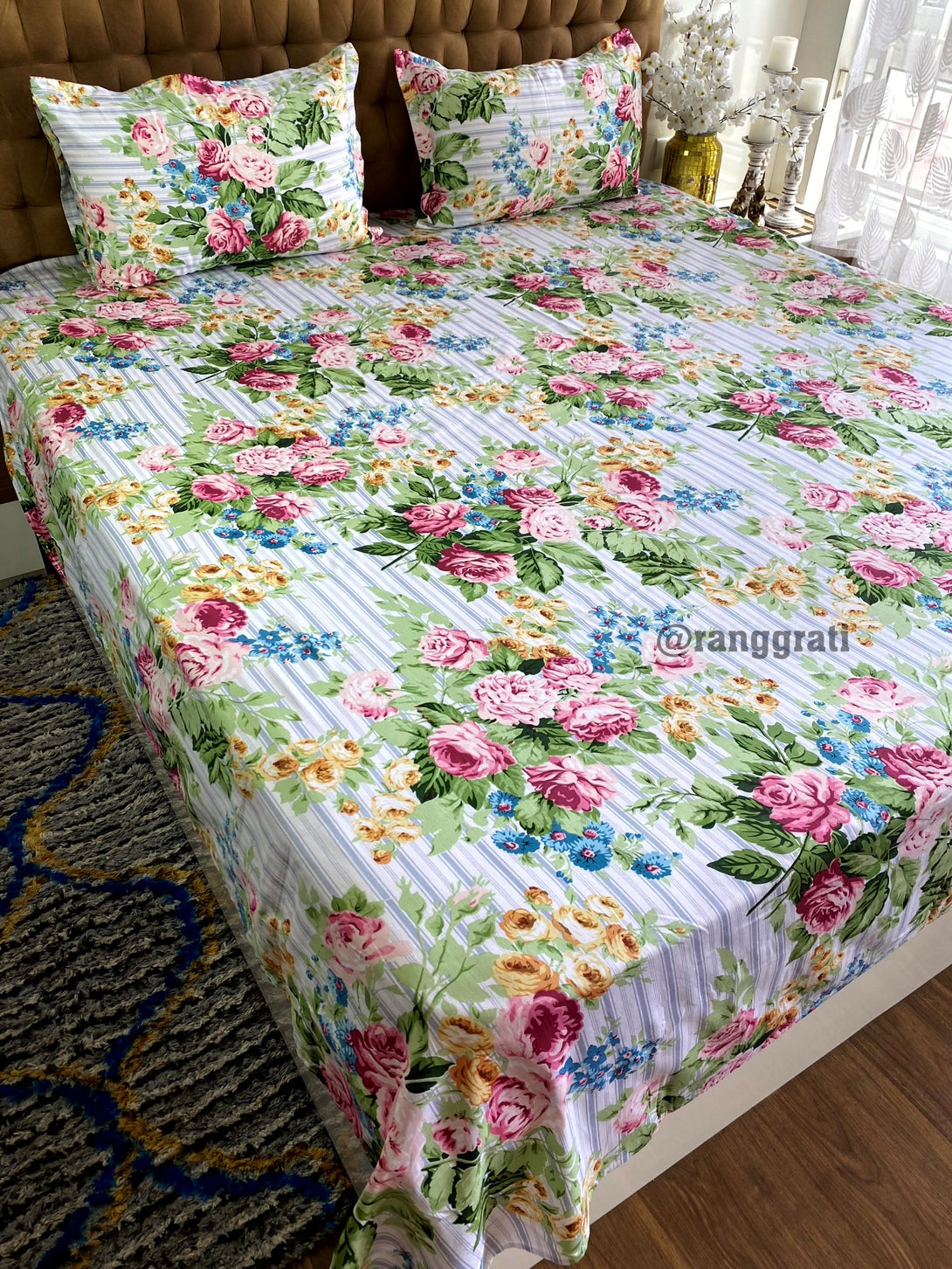 Blue Stripes Pink Roses Cotton Bedsheet Super King Size