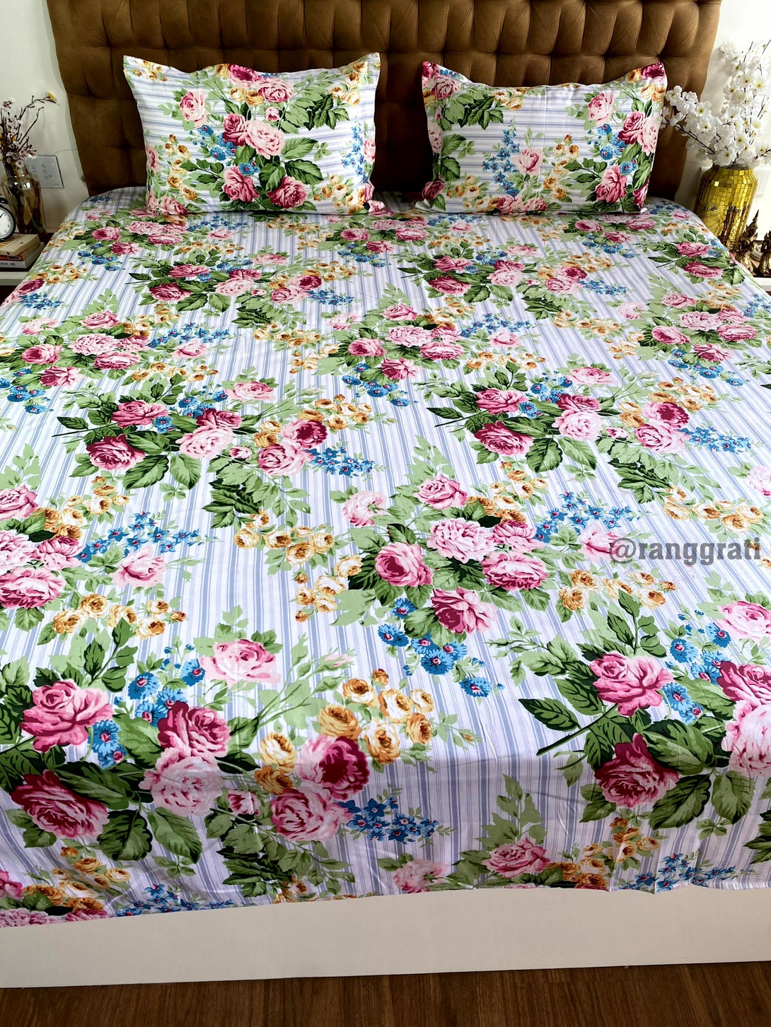 Super King Size Blue Stripes Pink Roses Cotton Bedsheet 