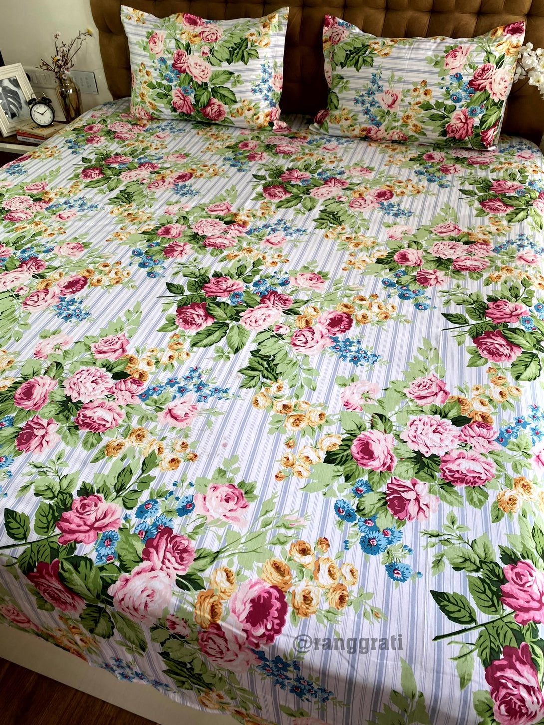 Blue Stripes Pink Roses Bedsheet 108x108 inches Cotton