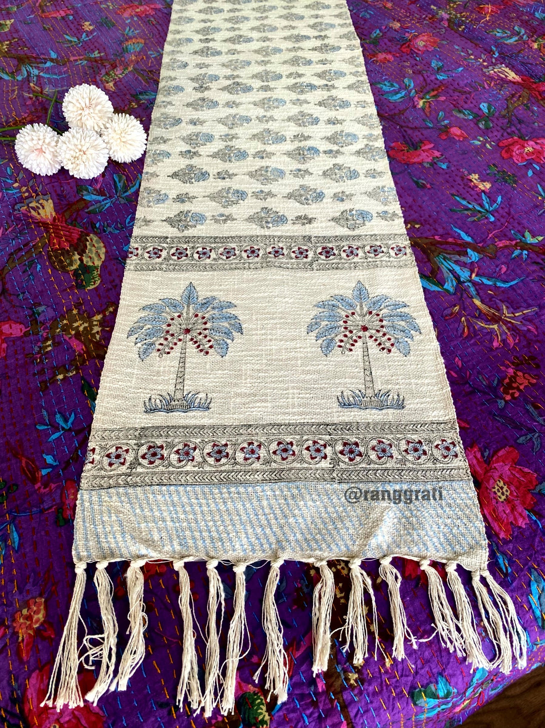 Blue Tree Jute Cotton Table Runner Hand Block Print For 6 Seater Dining Table