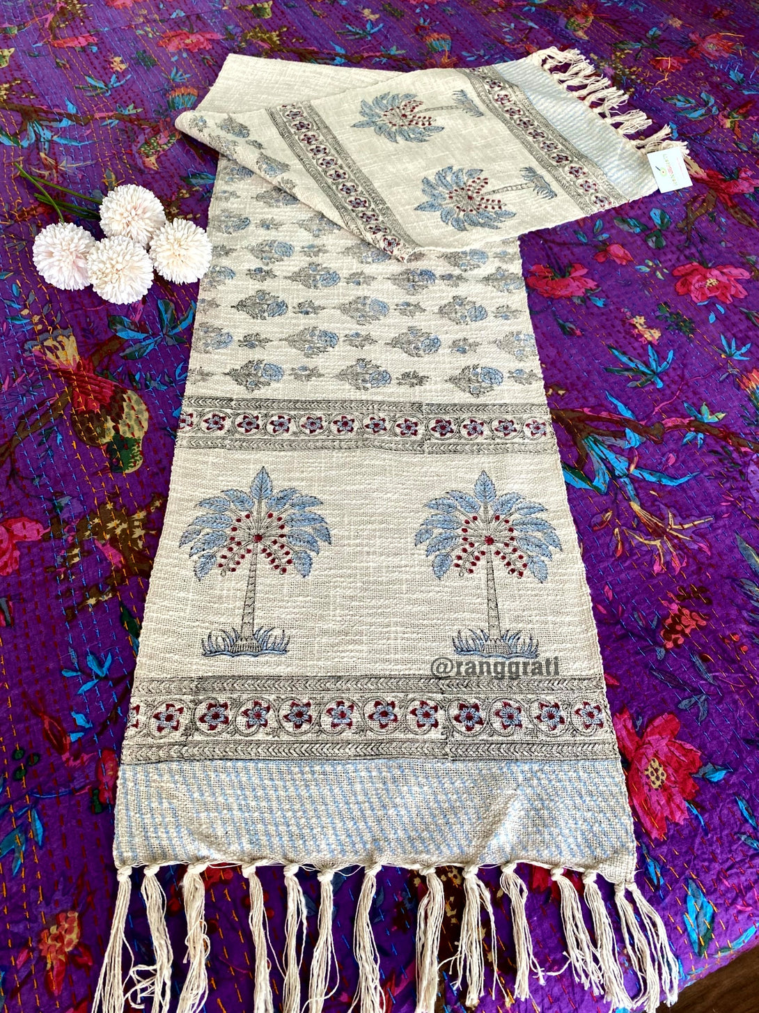 Blue Tree Jute Cotton Table Runner  For 6 Seater