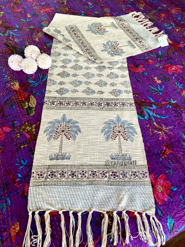 Blue Tree Jute Cotton Table Runner  For 6 Seater
