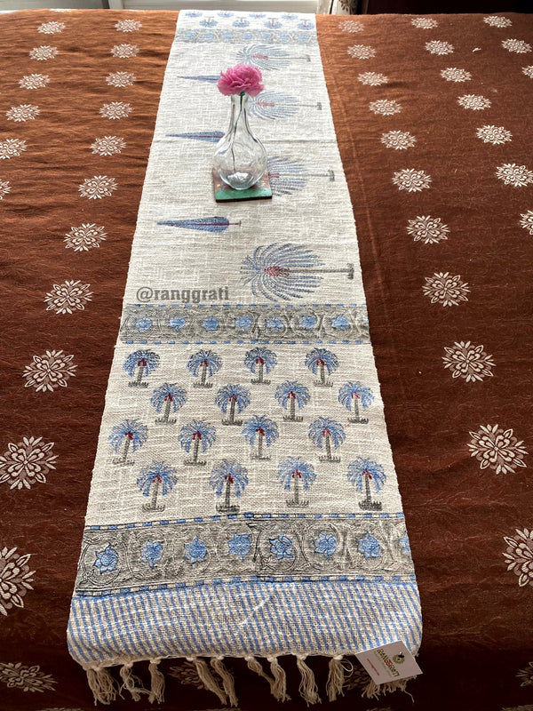 Blue Coconut Tree Jute Cotton Table Runner Hand Block Print For 6 Seater Dining Table