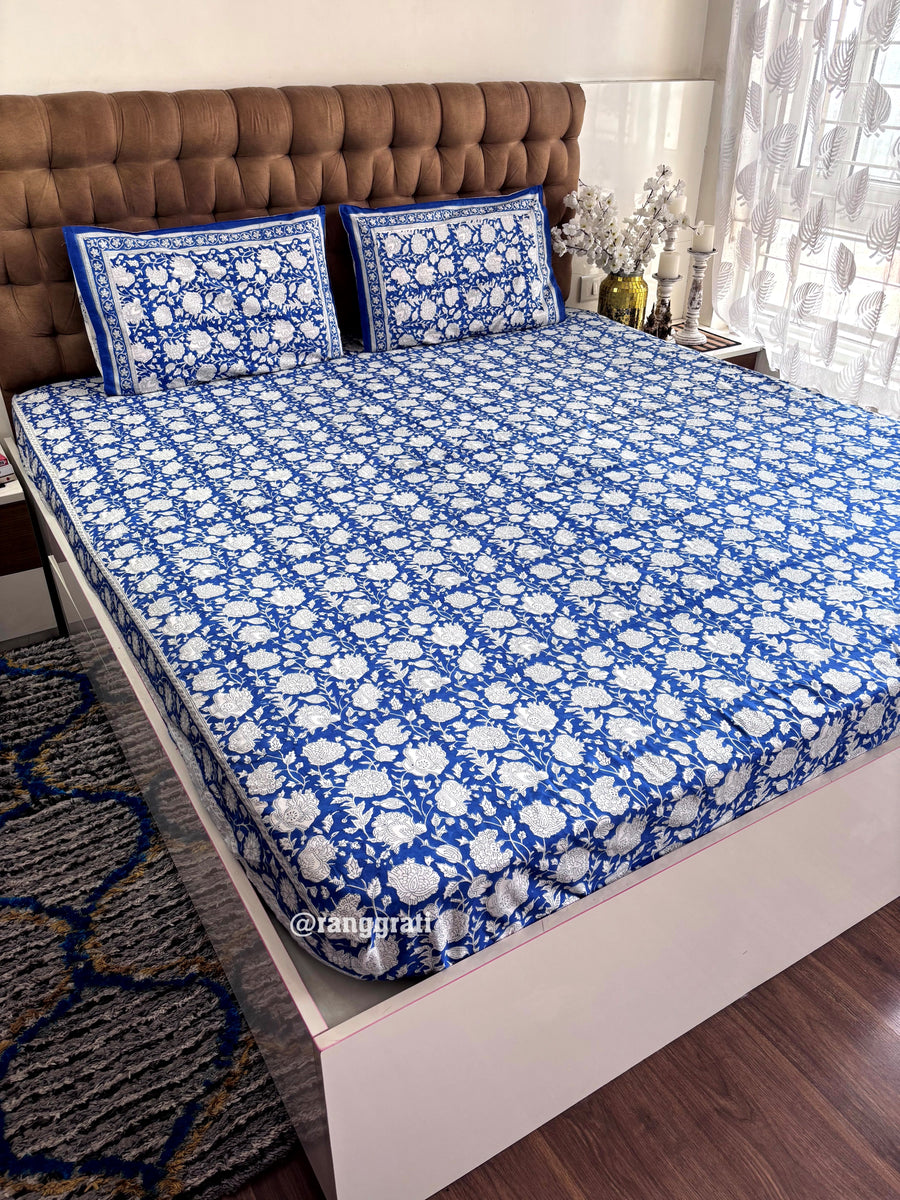 Blue World Floral Cotton Elastic Fitted Bedsheet King Size Hand Block