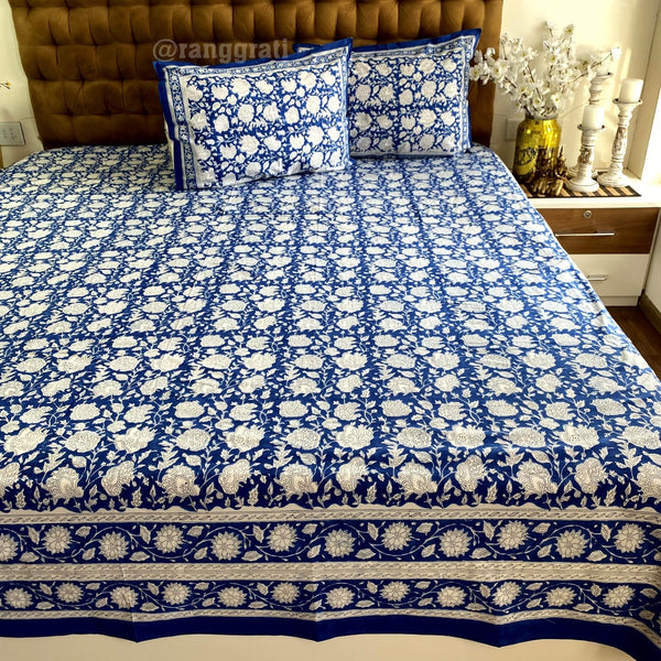 Blue World Floral King Size 250 TC Bedsheet Hand Block - Bedsheet