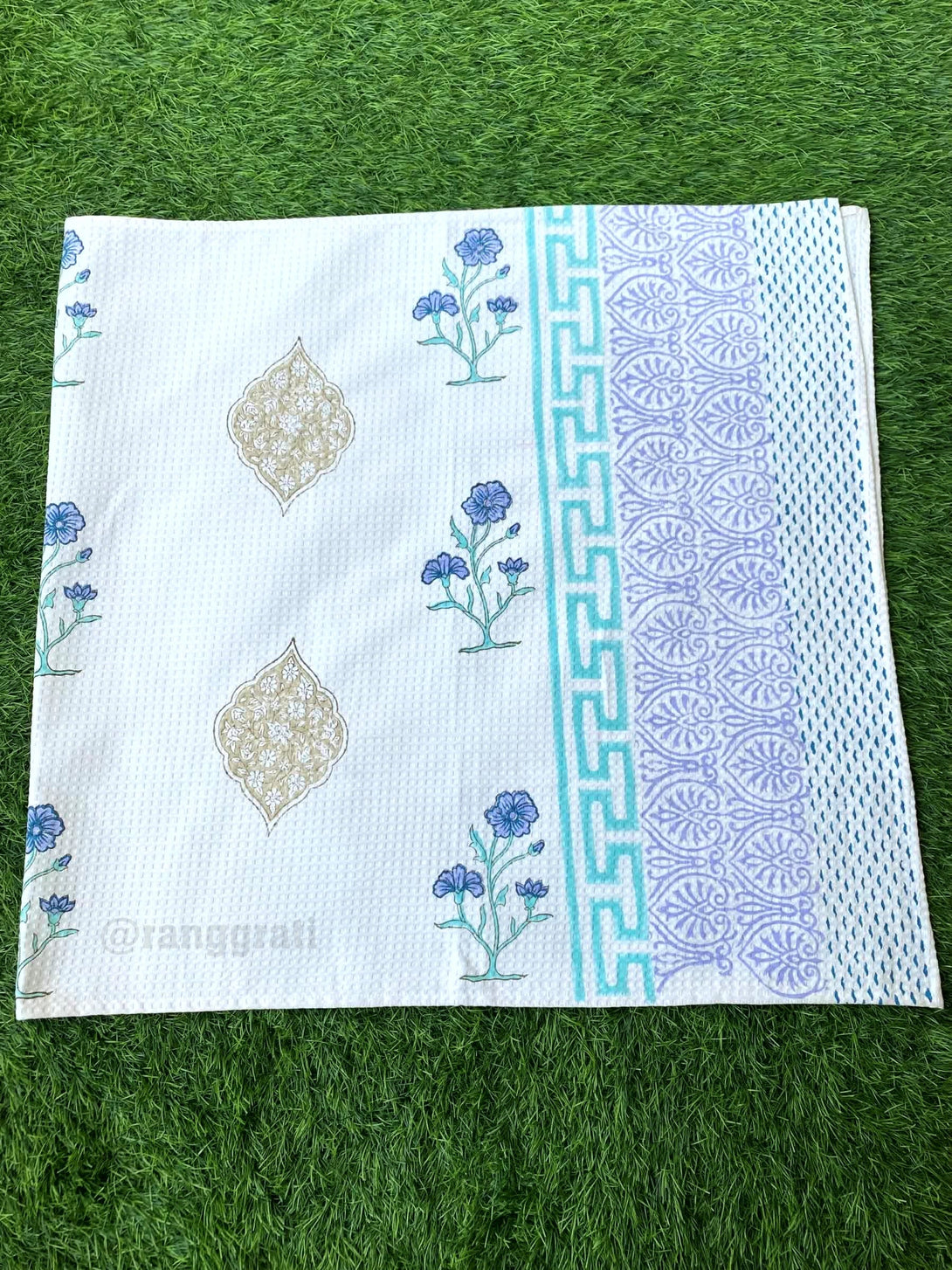 Blue Yellow Floral Body Towel Hand Block Printed Pure Cotton - Body Towel