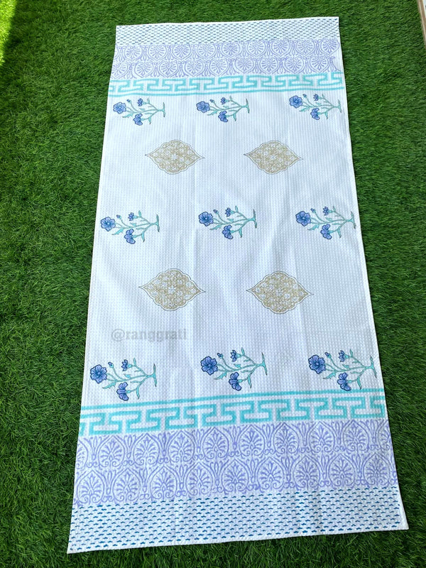 Blue Yellow Floral Body Towel Hand Block Printed Pure Cotton - Body Towel