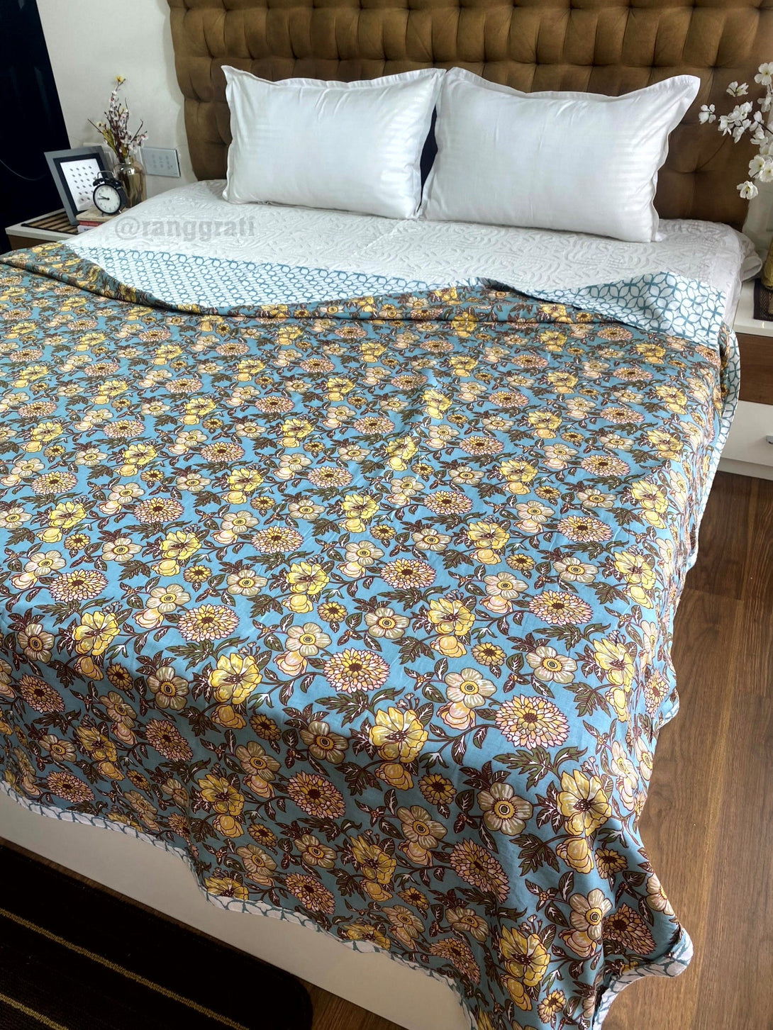 Blue Yellow Floral Cotton Dohar For Double Bed AC Quilt - Dohar