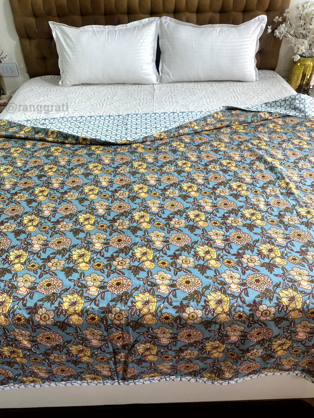 Blue Yellow Floral Cotton Dohar For Double Bed AC Quilt - Dohar