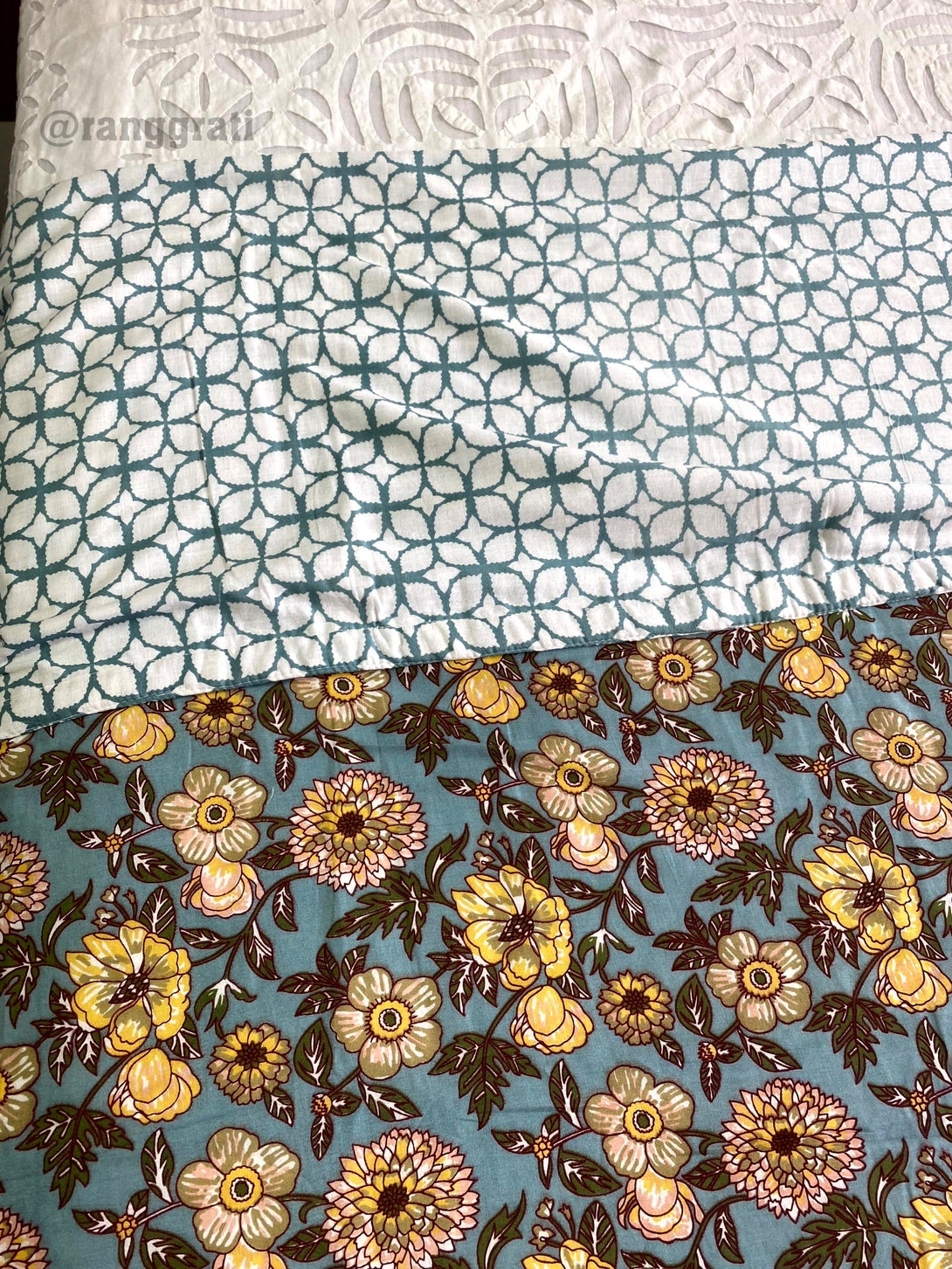 Blue Yellow Floral Cotton Dohar For Double Bed AC Quilt - Dohar