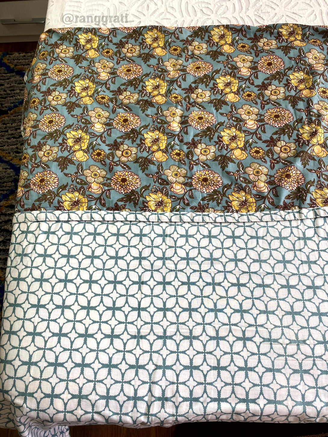 Blue Yellow Floral Cotton Dohar For Double Bed AC Quilt - Dohar