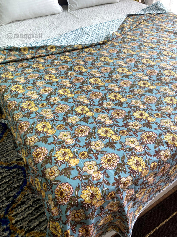Blue Yellow Floral Cotton Dohar For Double Bed AC Quilt - Dohar