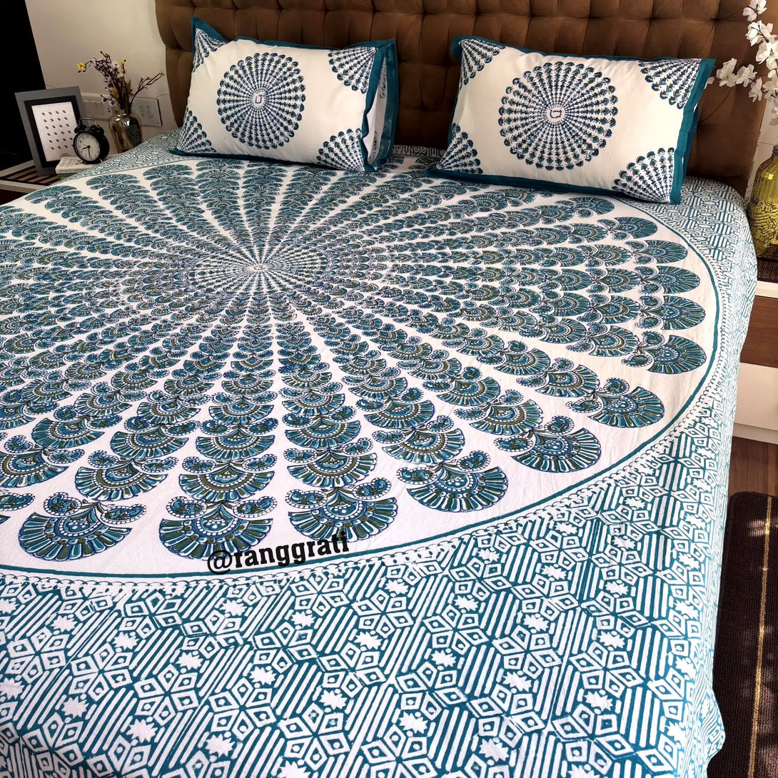 Bluish Green Geometric Jaipuri Cotton Bedsheet King Size For Double Bed - Bedsheet