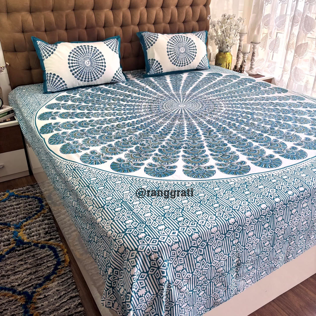 Bluish Green Geometric Jaipuri Cotton Bedsheet King Size For Double Bed - Bedsheet