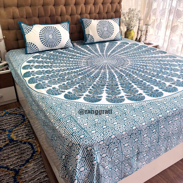 Bluish Green Geometric Jaipuri Cotton Bedsheet King Size For Double Bed - Bedsheet