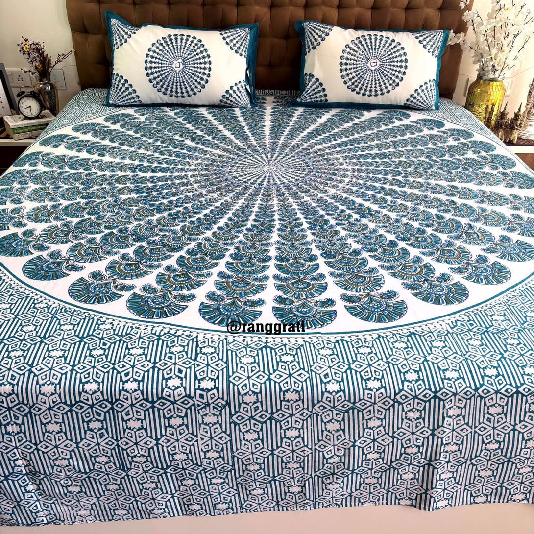 Bluish Green Geometric Jaipuri Cotton Bedsheet King Size For Double Bed - Bedsheet