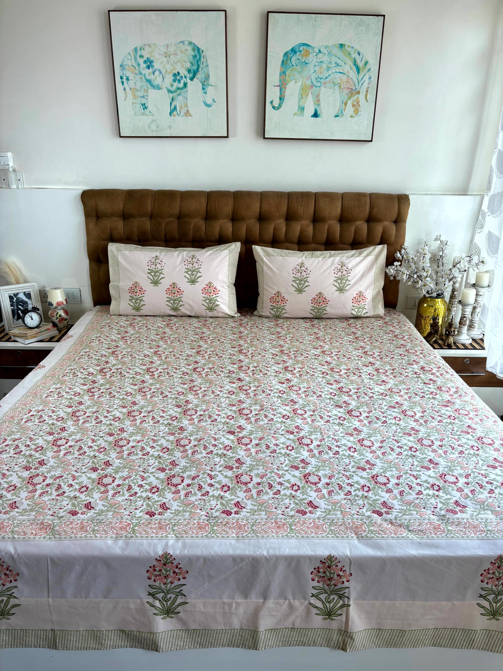 Blush pink and sage green floral Jaipur hand block print super king bedsheet in 100% cotton percale on off white  background