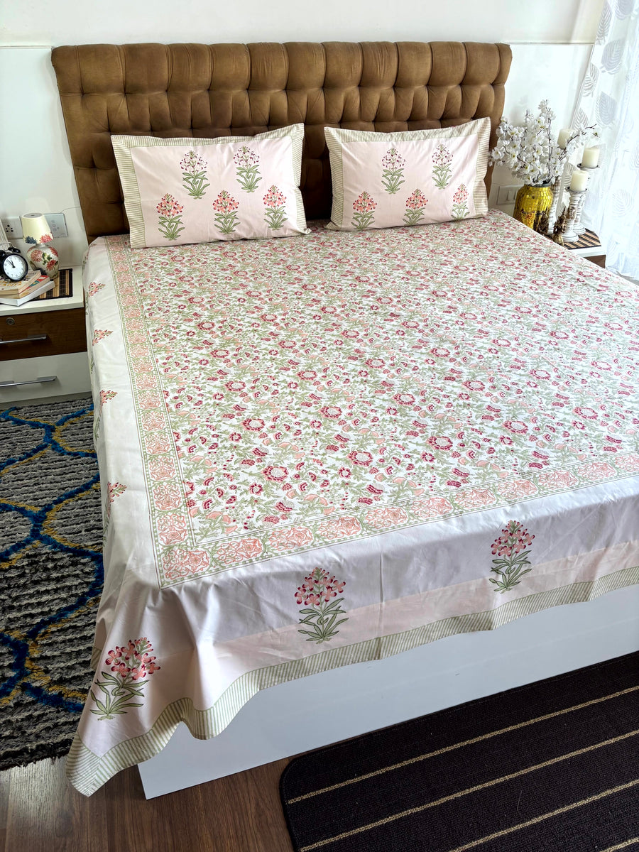 Blush Pink Sage Green Percale Bedsheet | Jaipur Super King 108X108